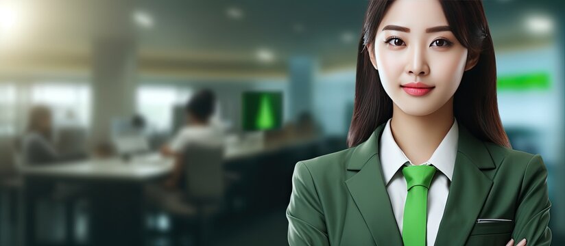 Composite image of a young female architect in workwear confident and focused with copy space She is of Asian descent and emphasizes safety protection and
