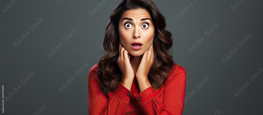 Poster a nervous hispanic woman looks to the side with a startled expression focusing on an empty space