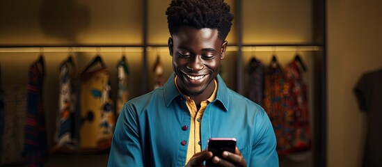 Attractive African man in African clothing happily texting on his phone in a fashion store