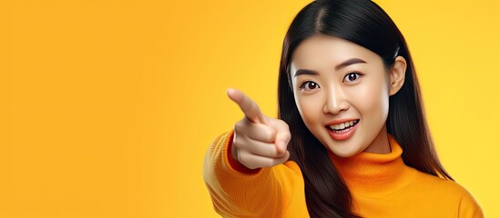 Asian woman in her 30s wearing orange shirt using smartphone pointing to empty space on bright yellow background Innovative mobile app idea