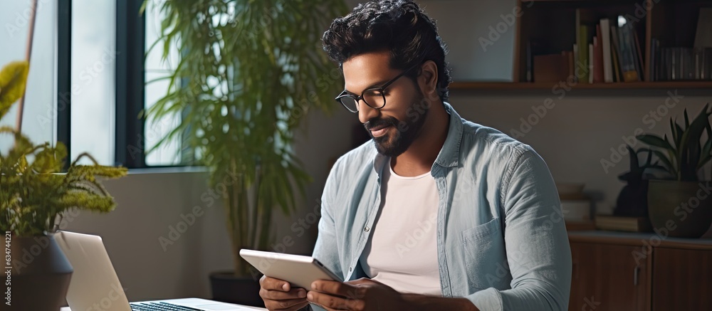 Wall mural Indian man using digital tablet at home office browsing internet on modern gadget enjoying new app