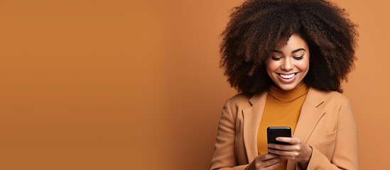 Happy Latin plus size woman on phone looking at empty space on brown background for text design African American business woman showing spot for your cont