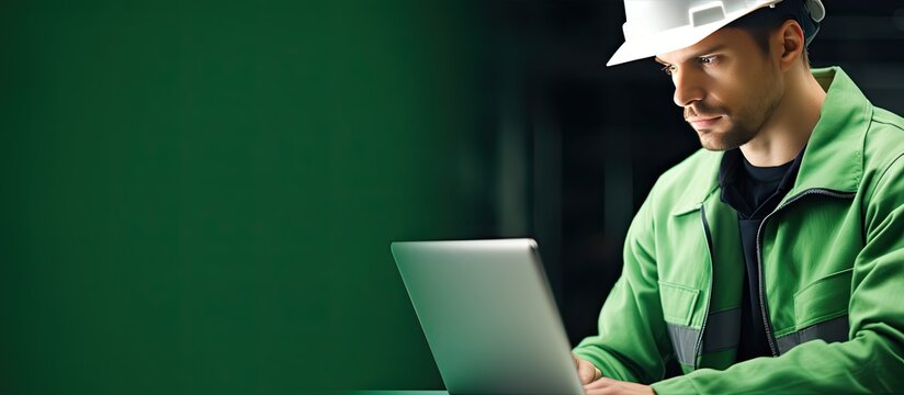 Composite image of a caucasian architect using a laptop in workwear with copy space on a green background emphasizing safety and wireless technology