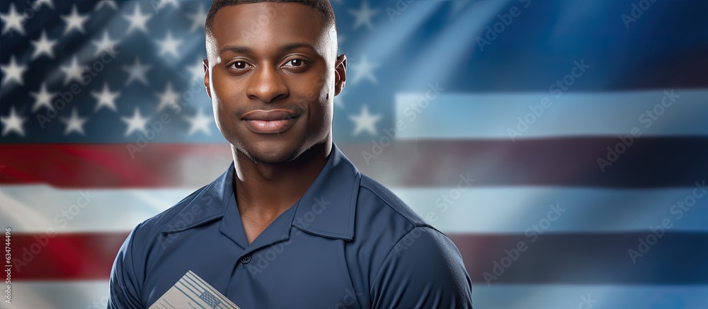 Canvas Prints A portrait of a happy African American postal worker with mails celebrating National Postal Worker Day