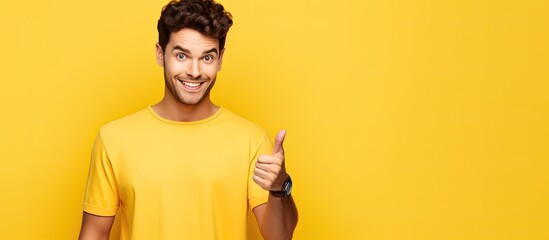 Young man with joyful expression pointing fingers away from his palm on yellow background