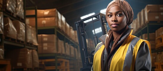 Fototapeta na wymiar African female warehouse worker posing with a forklift in a textile warehouse