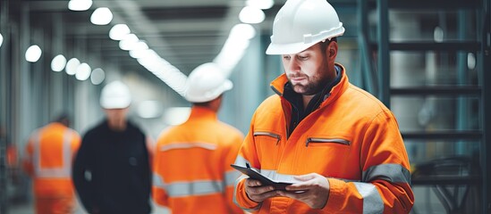 Composite image of caucasian male workers in a factory discussing occupational safety measures during National Safety Month