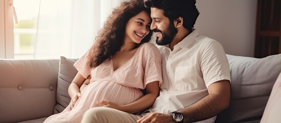 Indian couple celebrating positive pregnancy test sitting at home husband embracing wife awaiting baby - obrazy, fototapety, plakaty