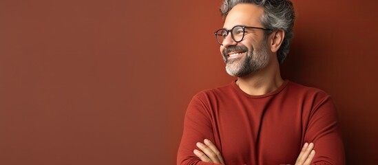 Obraz premium A mature and confident man feeling joyful and optimistic gazes up with arms crossed