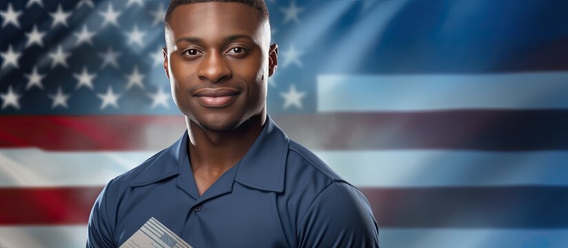 A portrait of a happy African American postal worker with mails celebrating National Postal Worker Day
