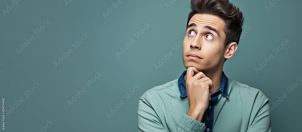 Poster a perplexed anxious young man glancing upwards uncertain and in doubt