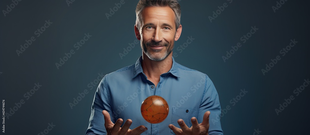 Poster Middle aged man holding an object presenting it for showing or advertising