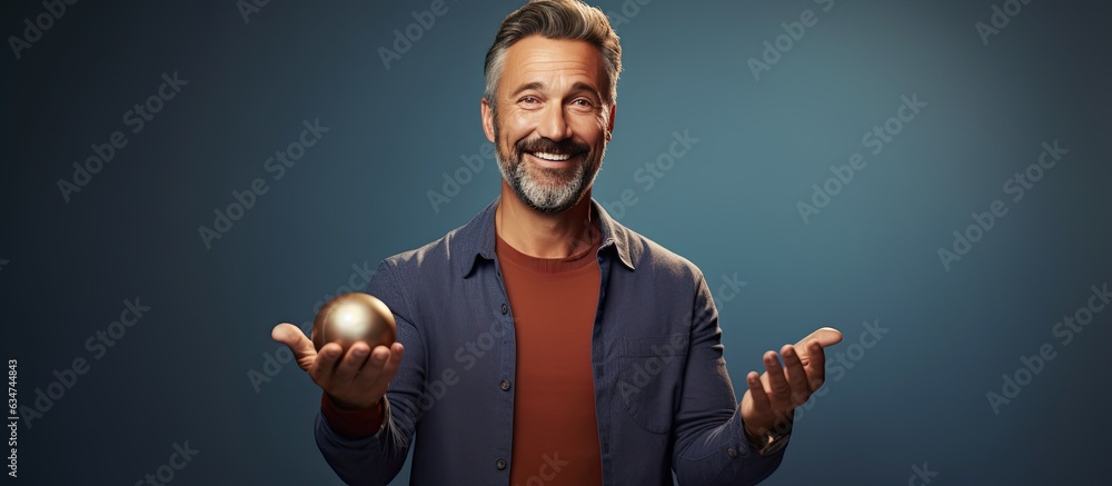 Poster middle aged man holding an object presenting it for showing or advertising