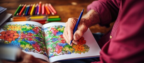 Caucasian senior man enjoying coloring book for National Coloring Book Day promoting retirement wellness and relaxation through art - Powered by Adobe