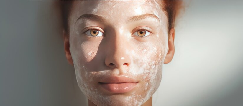 Young woman applying moisturizer for skin pigmentation awareness and treatment concept with digital text overlay