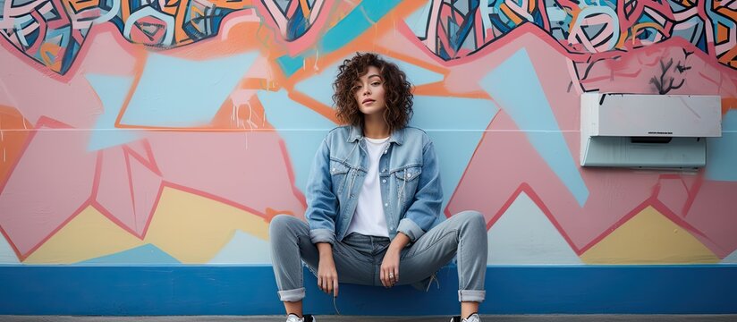 Female hipster leaning on colorful graffiti wall in denim clothes on city street