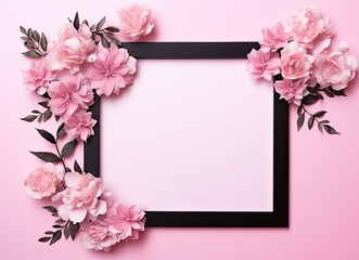 Beautiful pink hydrangea flowers, white wooden photo frames on pink background top view flat lay copy space. Flower card.