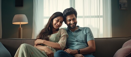 Indian couple celebrating positive pregnancy test sitting at home husband embracing wife awaiting baby
