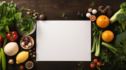 Digital tablet computer with mockup white screen on vegetarian healthy food vegetable background. Online grocery shopping delivery app ads concept,