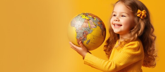 Young child pointing at globe yellow backdrop room for text