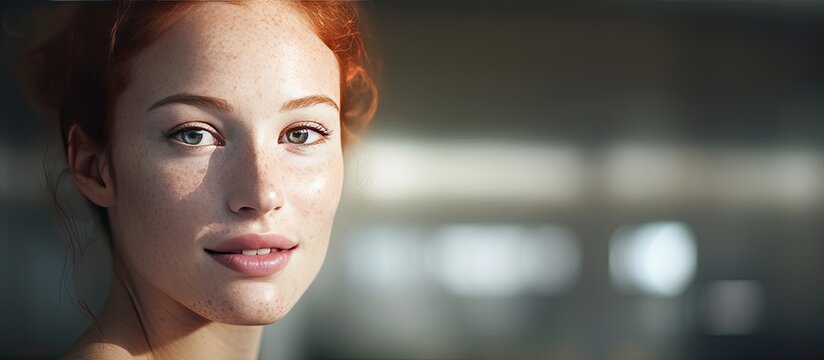 Young white woman in mirror pigmentation day text digital composite skincare concept