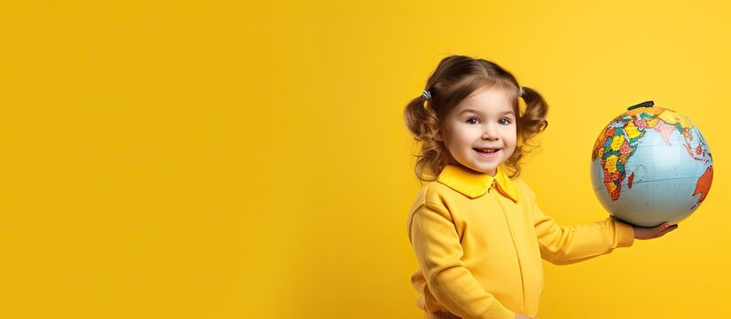 Young child pointing at globe yellow backdrop room for text