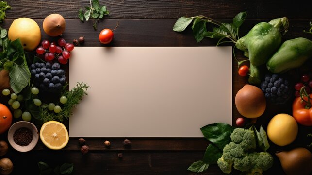 Digital tablet computer with mockup white screen on vegetarian healthy food vegetable background. Online grocery shopping delivery app ads concept,