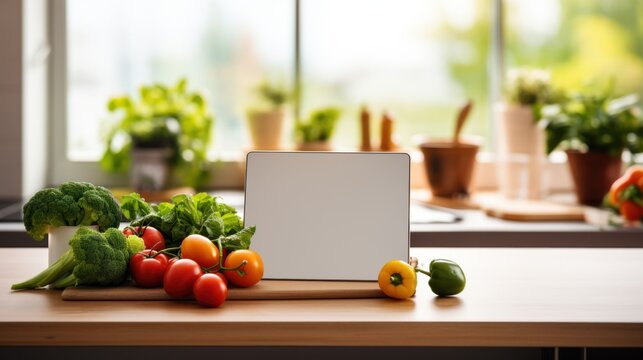 Digital tablet computer with mockup white screen on vegetarian healthy food vegetable background. Online grocery shopping delivery app ads concept,