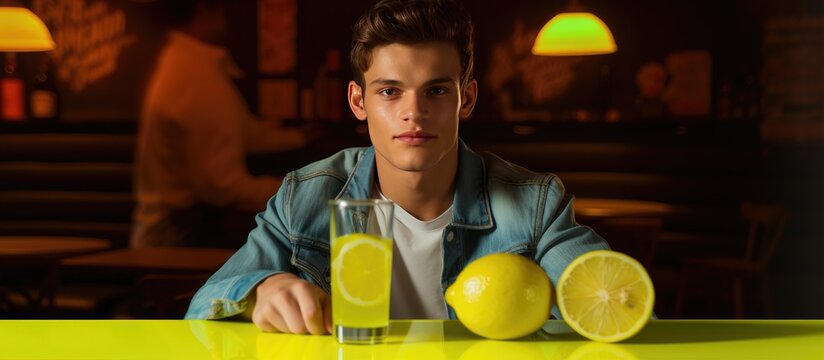 Caucasian man celebrating with tequila lemon and copy space - Powered by Adobe