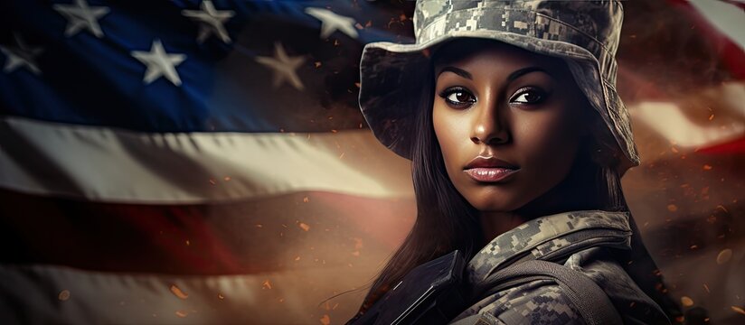 African American female soldier celebrating Veterans Day and being thanked for her service Composite image with military theme
