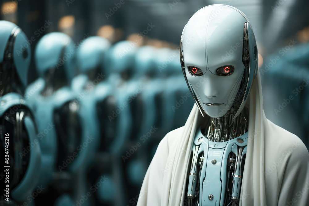 Poster white robot with robot station blur background