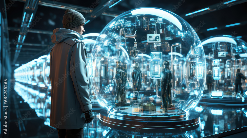 Aufkleber view of a man in front of a futuristic technology interface