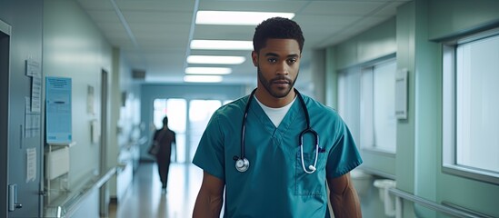 African American male doctor browsing patient notes in hospital corridor empty space Healthcare and medical services