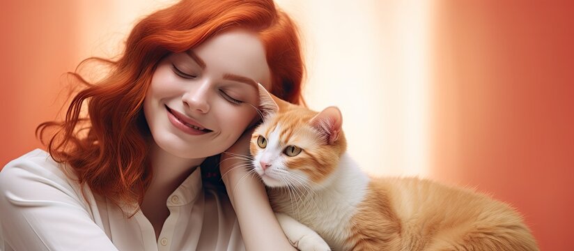 Composite photo of joyful pale skinned woman with red cat celebrating International Cat Day Image montage copy space love togetherness portrait animal pro