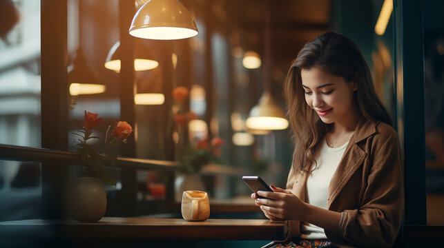 Jovem mulher  usando smartphone para fazer compras online em uma cafeteria