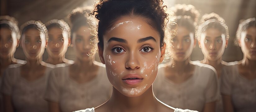 Composite image of an Indian woman examining her reflection with text about international skin pigmentation day conveying the concept of pigmentation awar