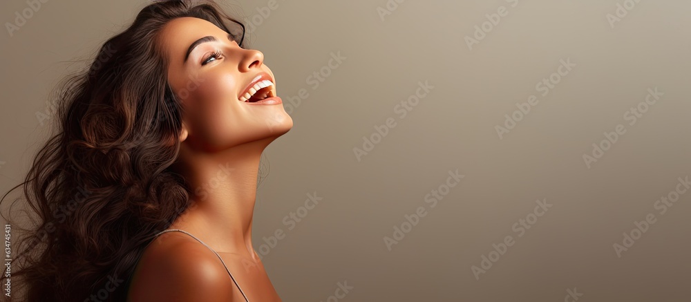 Poster Happy woman shouting and calling in profile view with empty space on the side