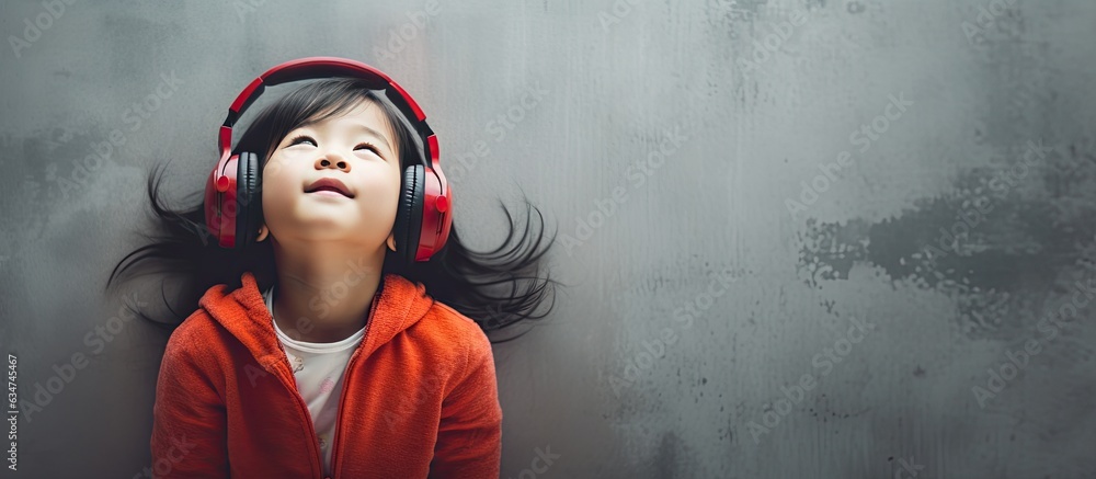 Poster asian girl wearing headphones listening to music and looking at blank area