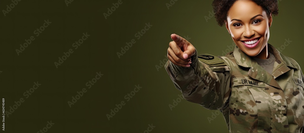 Poster confident african american woman in camouflage army uniform smiling and pointing in different direct