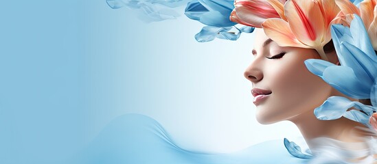 Happy woman holding tulips against blue backdrop celebrating Women s Day Isolated face portrait banner with blank space