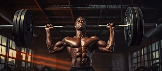 Deurstickers Fitness Black male bodybuilder exercising at the gym focusing on his arms while looking towards an open area Fit African American man working out his biceps Pr