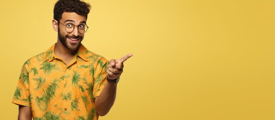 A Latin man in a printed shirt over a yellow background points and advertises suggesting the best price available