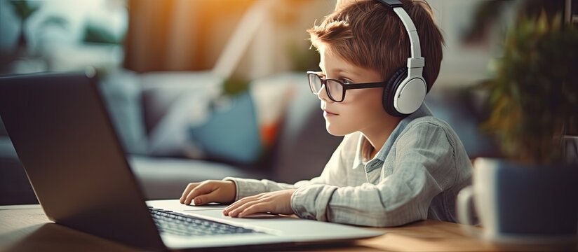 Boy using laptop for video call and distance learning at home