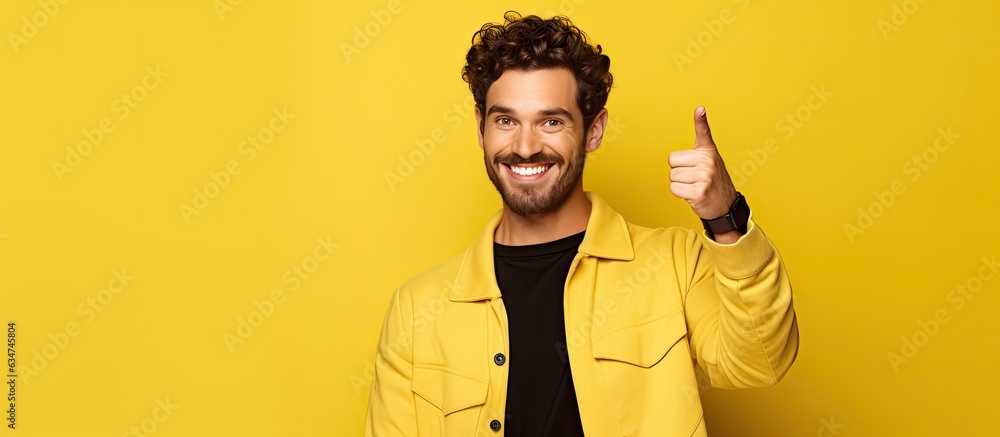 Aufkleber young man with joyful expression pointing fingers away from his palm on yellow background