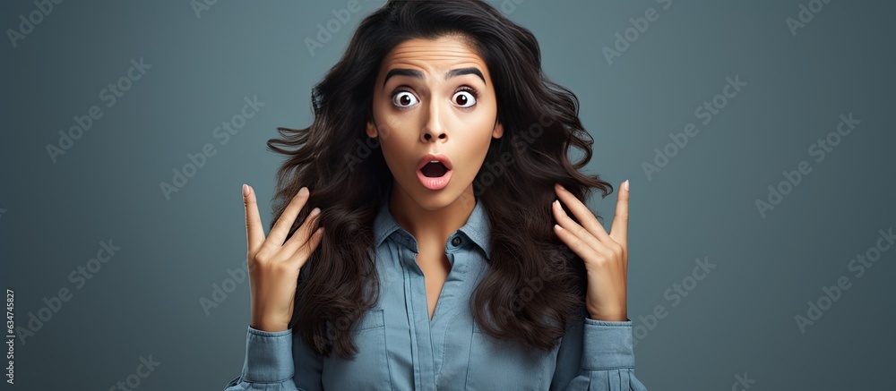 Aufkleber surprised hispanic woman gesturing upwards with both hands indicating empty space