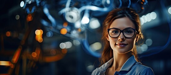 Caucasian woman with eyeglasses and engineering day text representing awareness support and career concept
