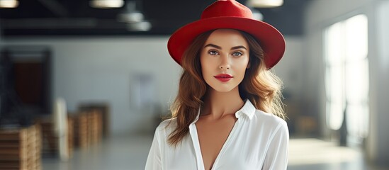 Fashionable young woman model posing indoors stylishly attired in a white shirt and red hat looking away from the camera