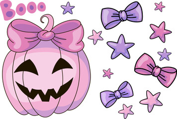 vector halloween illustration in pink color pumpkin skull bones sweets candy