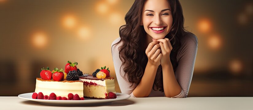 Cheesecake celebration with a happy woman