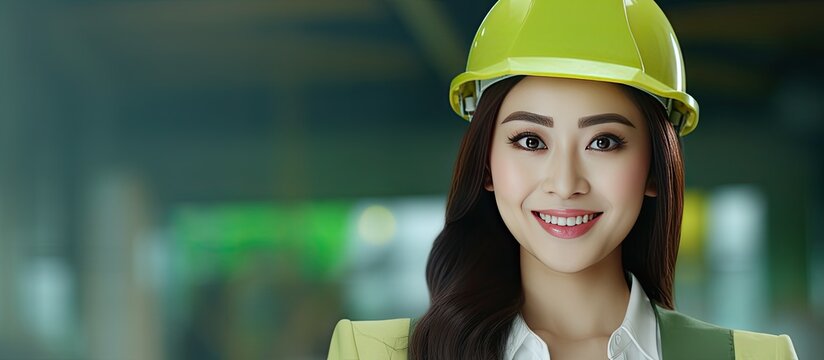 Composite image of a young female architect in workwear confident and focused with copy space She is of Asian descent and emphasizes safety protection and
